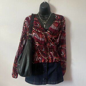 y2k bisou bisou sheer ruched v neck red black wavy print blouse